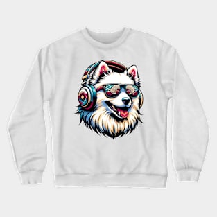 Smiling Japanese Spitz DJ with Stylish Sunglasses Crewneck Sweatshirt